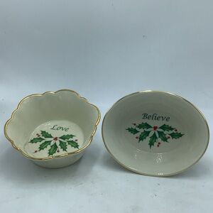 Two Lenox Small Candy/Nut  Dishes with Sentiment Believe and Love